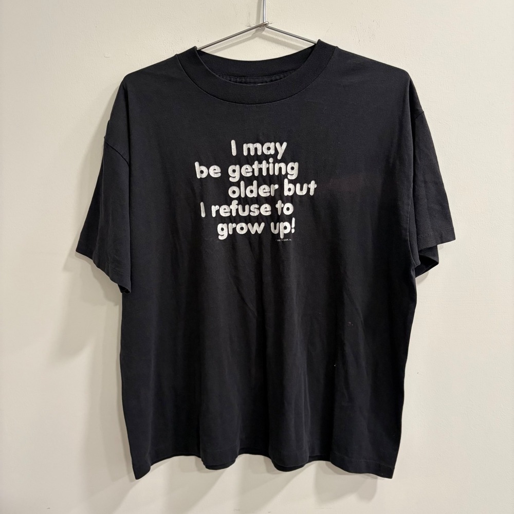 Vintage 1985 Trisar Refuse To Grow Up Black T-Shirt HEF-T Tee Jays XL